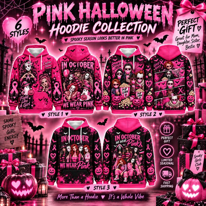 Men's Pink Halloween Horror-Themed Hooded Sweatshirt, Hooded Neck Long Sleeve Tops with Dual-Side Print, Elastic Cuffs, Hand Wash Safe - October Breast Cancer Awareness Gift, Pink Ribbon Spooky Apparel