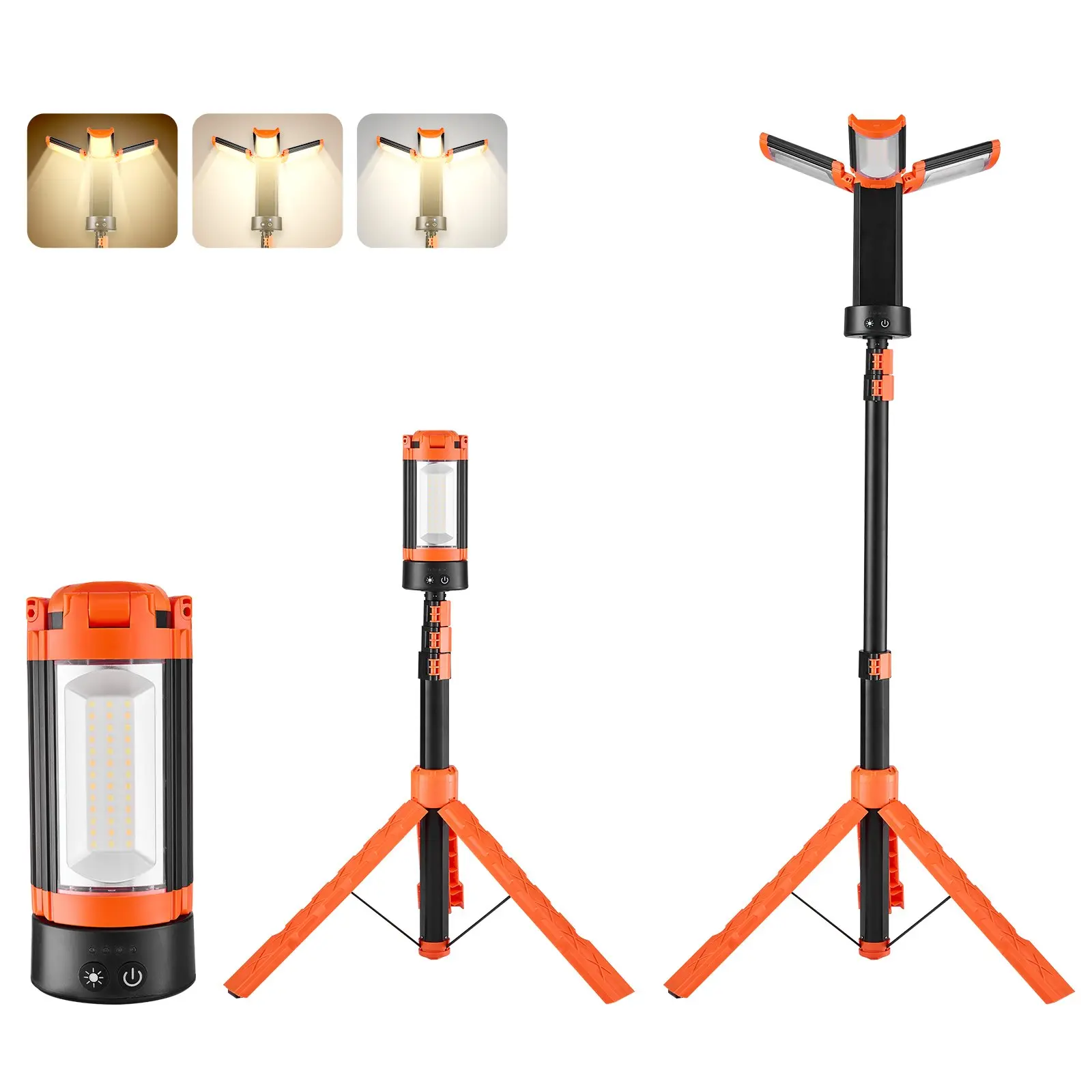 VEVOR LED Work Light with Stand, 6Ah, Rechargeable Cordless Camping Light, with 3 Lamp Heads, Detachable Tripod Stand, 2200 Lumens 3000K-6500K Dimmable, Portable Construction Lighting for Job Site, Stand Base