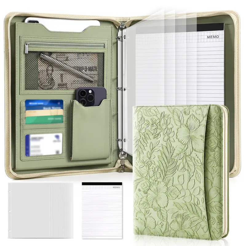 A4 Leather Multi - Function Hanging Wall Folder Business Contract Presentation Clip Office Document Manager Folder with Zipper for Phone Pen File Card Storage Document Organizer
