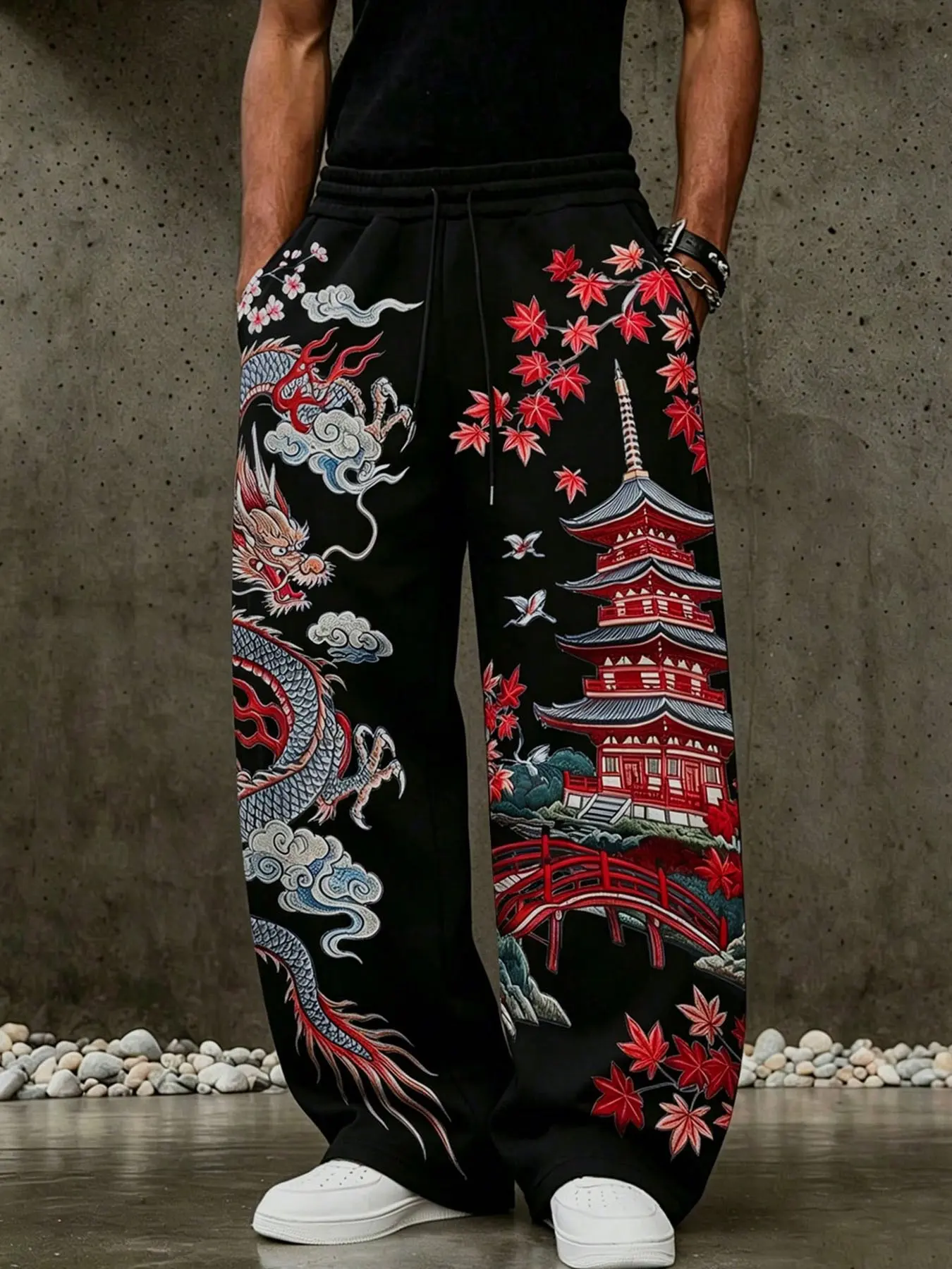 Y2K East Asian Aesthetic Men Baggy Sweat Pants Old School Dragon Tattoo Pagoda Red Maple Sakura Full Side Print Cuffless Wide Leg Casual Trousers Wrinkle Resistant Breathable Drawstring Elastic Waist Streetwear Joggers With Side Pockets For Rapper Stage S