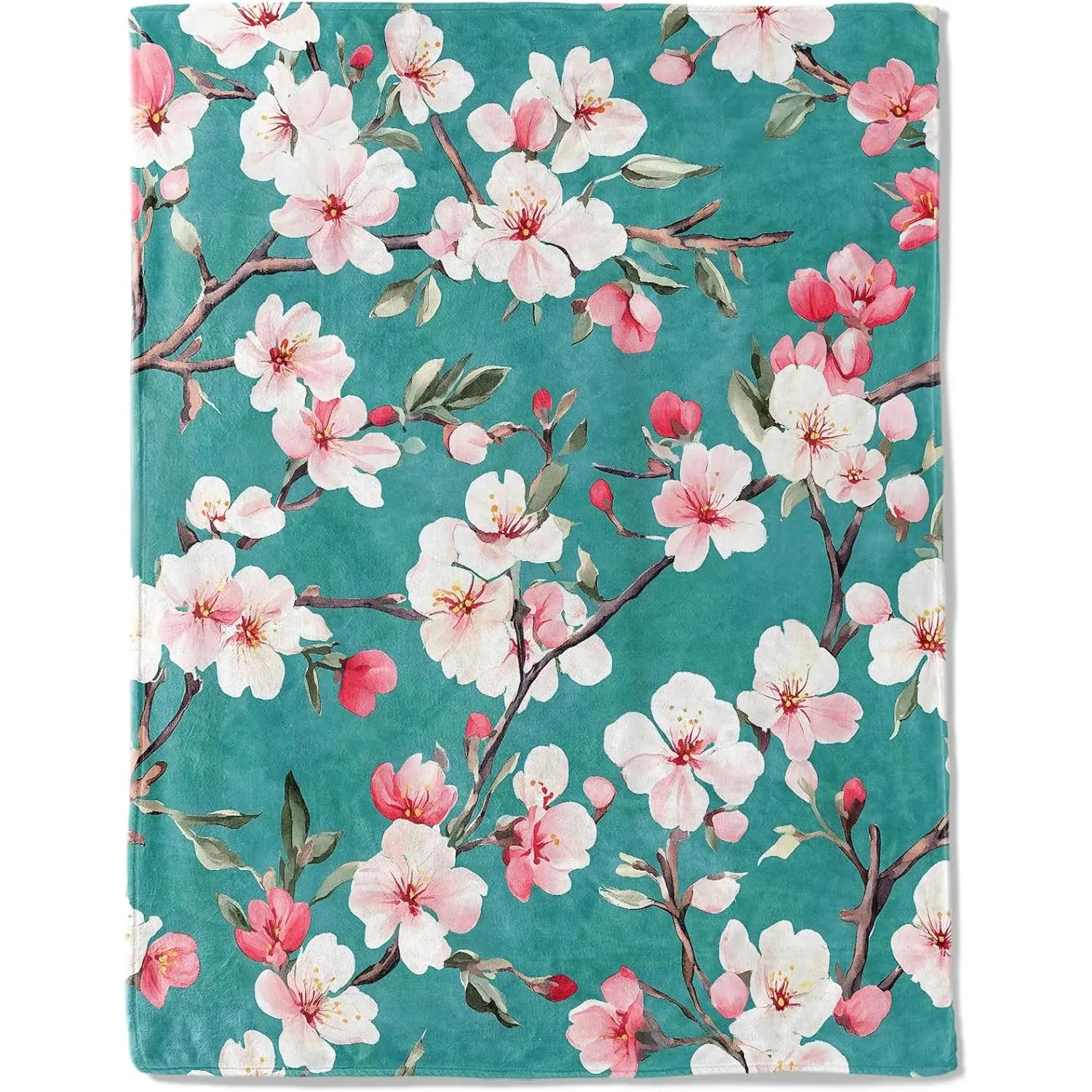 Cherry Blossom Branch Flannel Blanket, Lightweight, Soft & Cozy, Unique Gift Blanket for Flower Lovers, Kids, Adults and Women, Elegant Art Throw, Teal Background: Home & Kitchen
