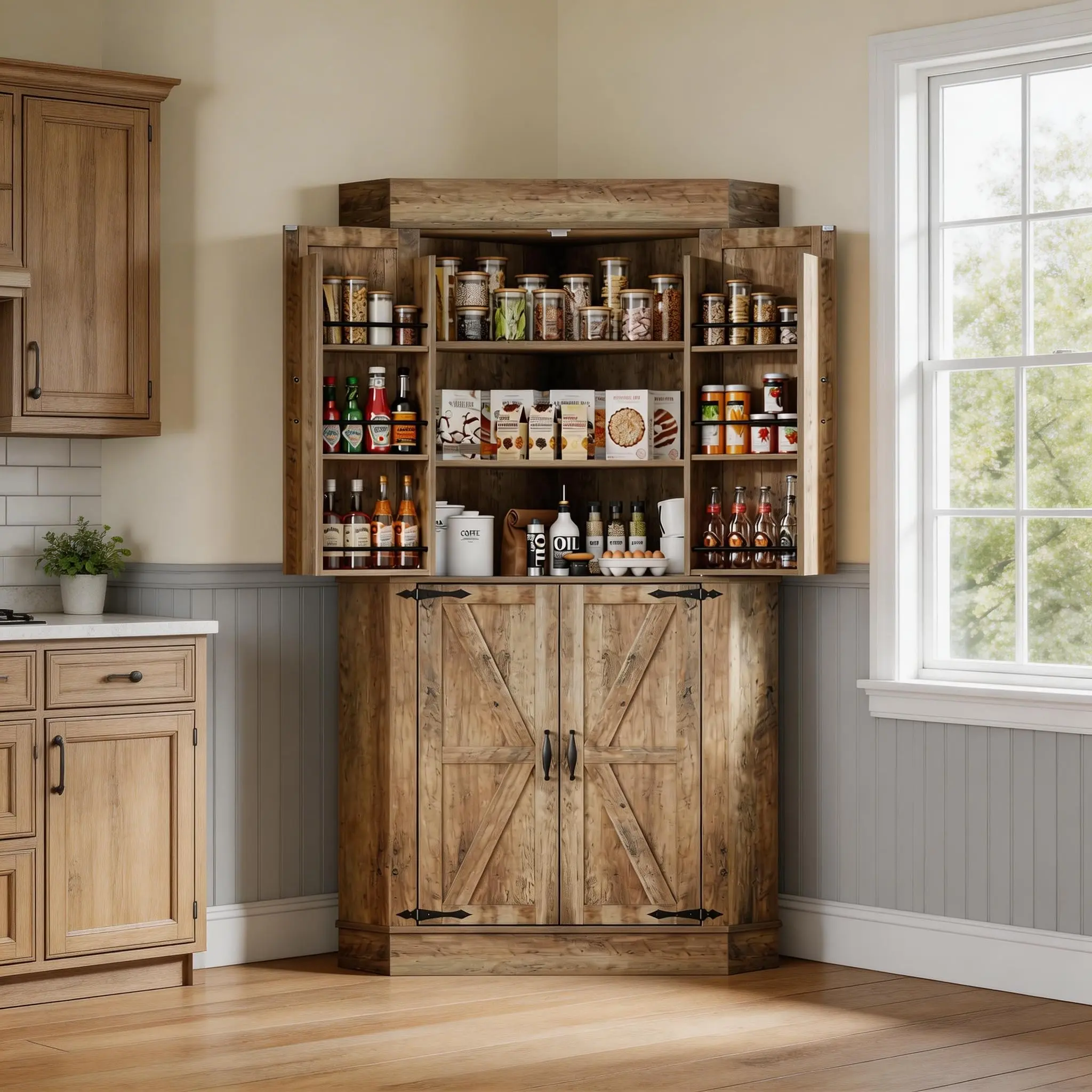 Garvee L-Shape Corner Pantry Cabinet, 71 inches Farmhouse Kitchen Storage with 4 Doors&Shelves,Freestanding Buffet Hutch with Side Rack for Dining Room/Living Room/Apartment(Antique Gray)