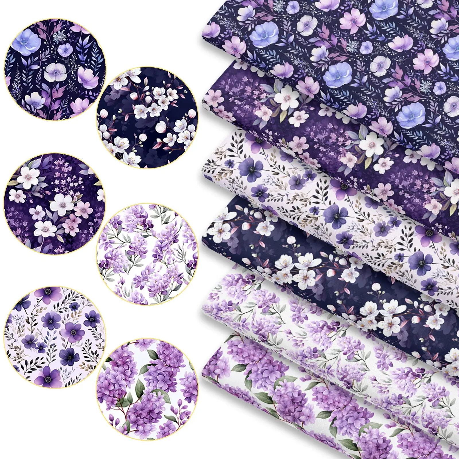 6pcs Morandi Purple Fabric Bundles, 45cm*50cm/17.72in*19.69in 3D Effect Dimensional Flower Pattern Floral Print Patchwork Fabric Squares for Quilting, Patchwork DIY Sewing Material for Bedding, Tablecloth, Bags, Headbands, Pillowcases