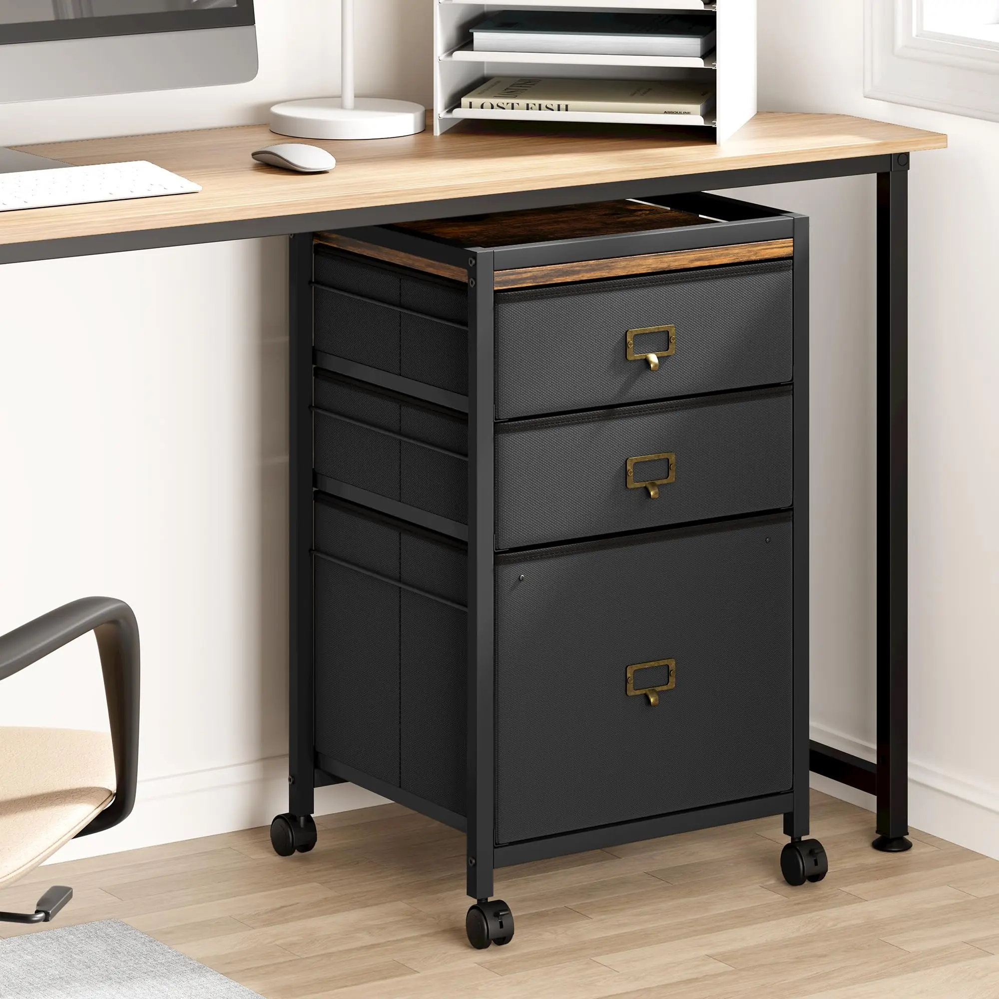 GARVEE File Cabinet With 3 Drawer, Mobile Filing Cabinet for Home Office Fits Letter Size or A4, Fabric Vertical File Cabinet On Wheels, Home Office Small Under Desk Storage Cabinet