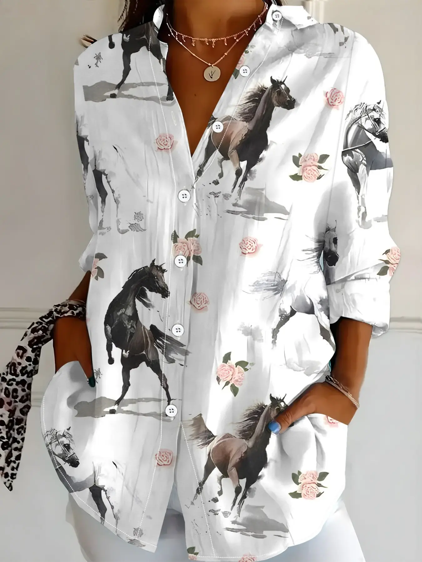 2026 New Women's American Western Style Horse Flower Print Collar Blouse, Unique Atmosphere Autumn Commute Chic Loose Shirt Jacket