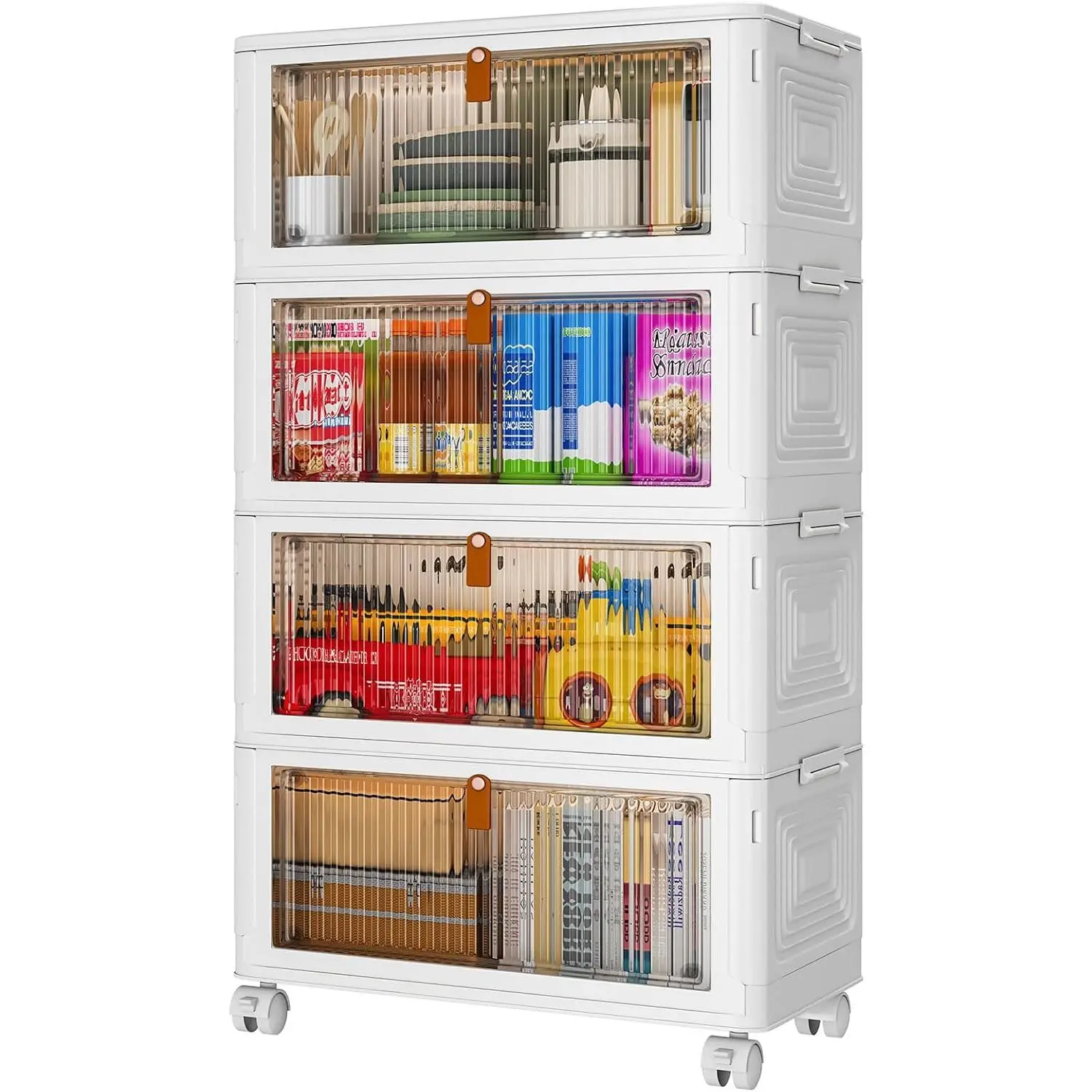 4 Tier 36QT Stackable Storage Bins with Lids | Foldable Plastic Closet Organizer with Front Door
