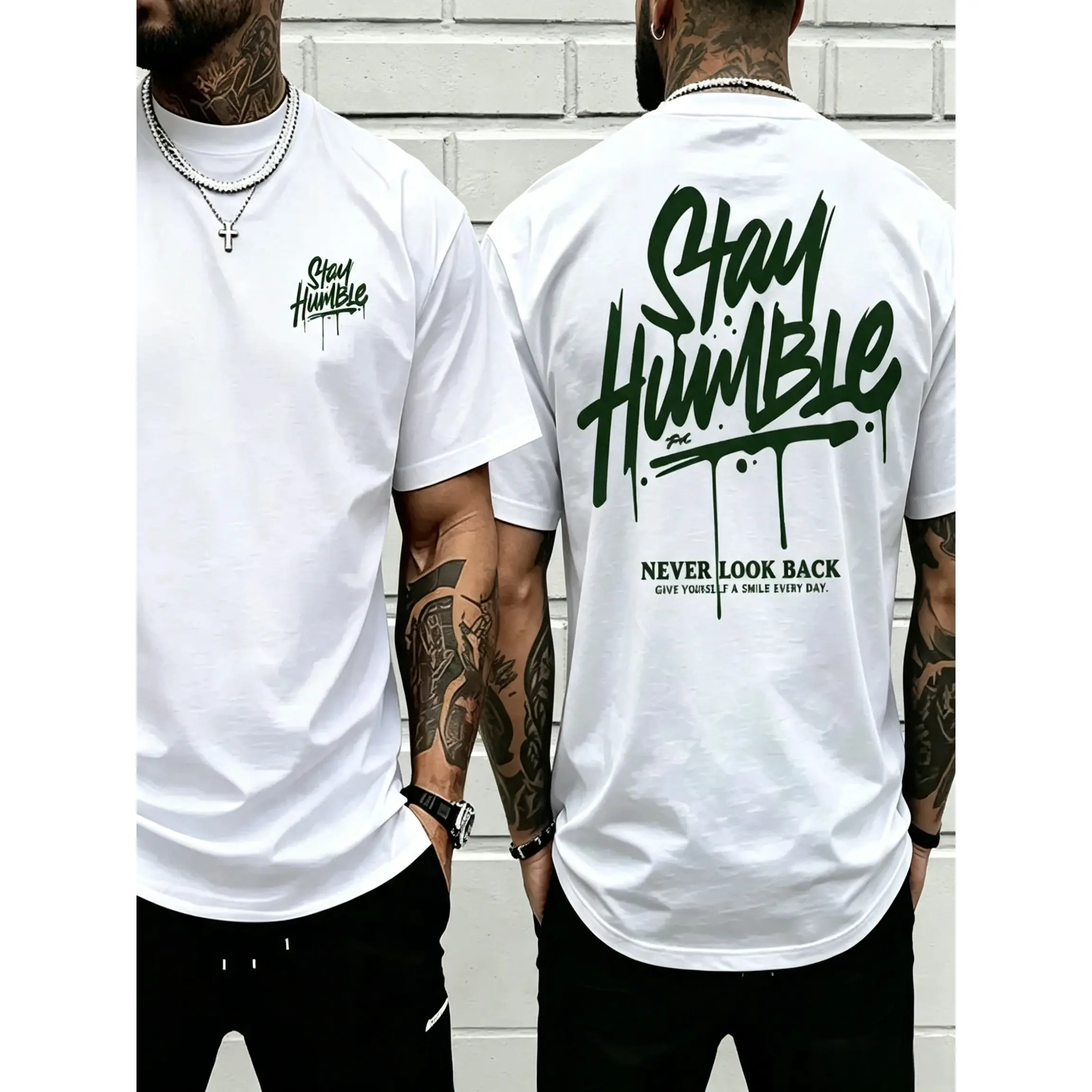 Men’s double-sided print "Stay Humble Never Look Back" graphic T-shirt, motivational streetwear casual top for everyday wear,summerwins,father'sdaygifts