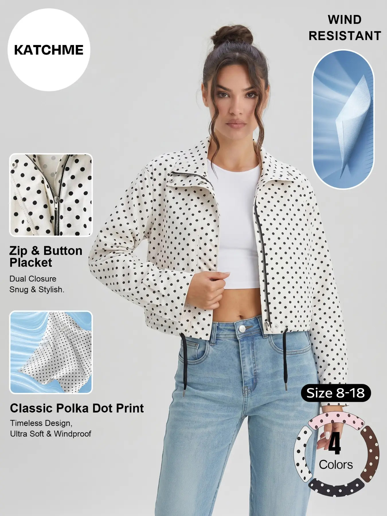 Women's Polka Dot Print Short Windproof Jacket, Stand Collar, Zipper and Button Closure, Long Sleeve, Lightweight, Casual Streetwear#TikTokMadeMeBuyIt #Outerwear #CasualChic