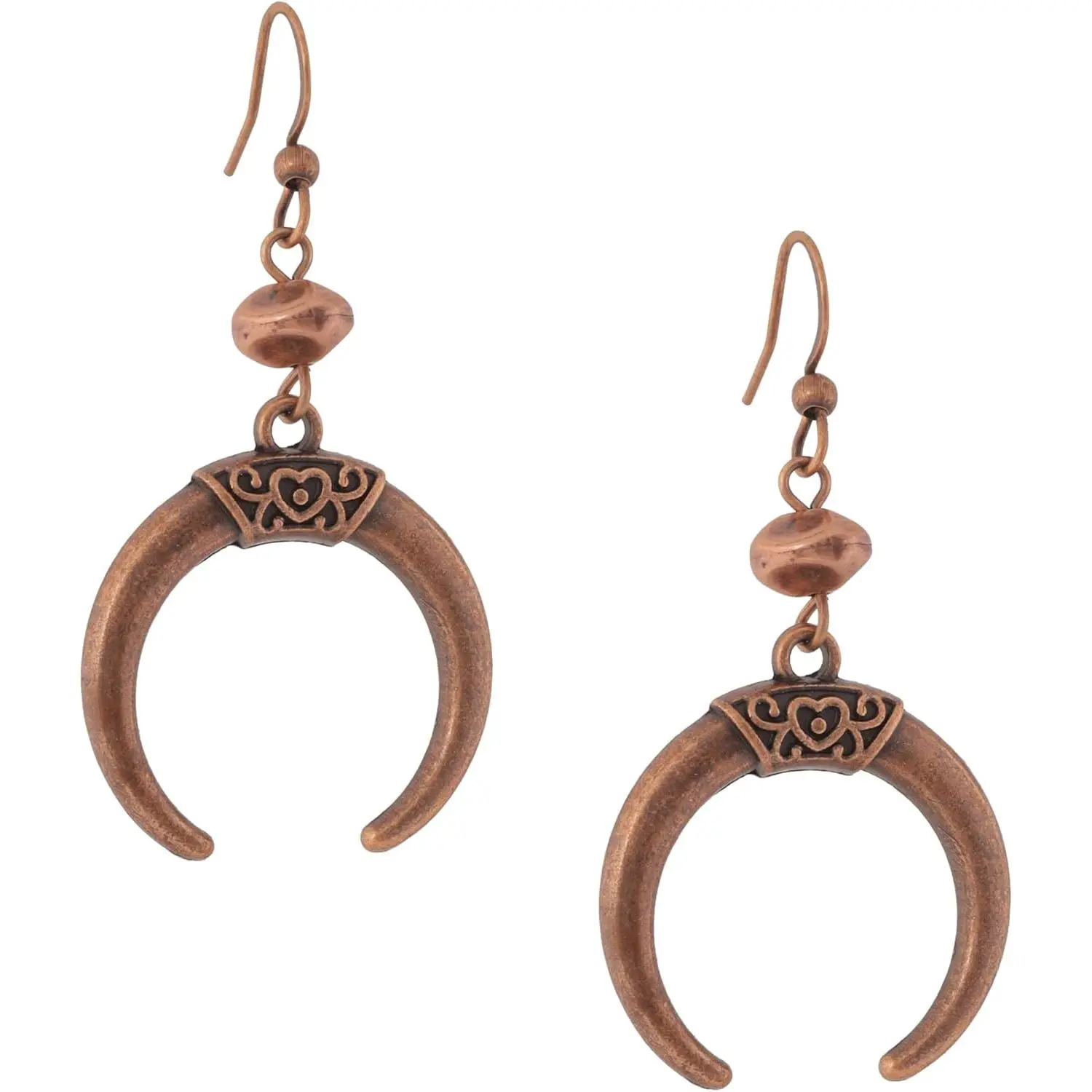 Boho Antique Copper Tone Crescent Moon Dangle Drop Earrings for Women with Bead Accent,  Tribal Festival Statement