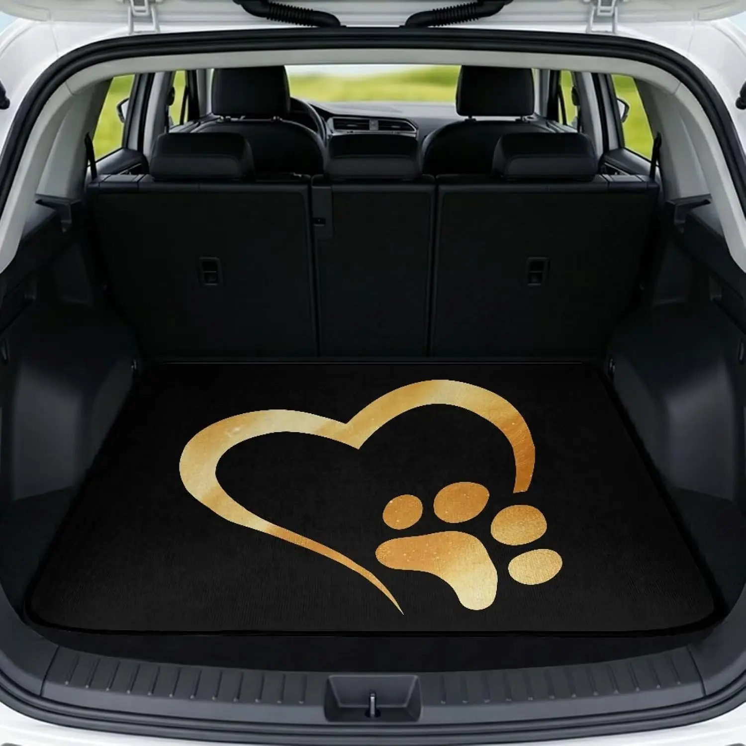 Heavy Duty Trunk Cargo Mat - All Weather Waterproof Rear Liner, Non Slip Interior Protector, Durable Car Accessories for Most Cars with Heart-Shaped Dog Paw Design