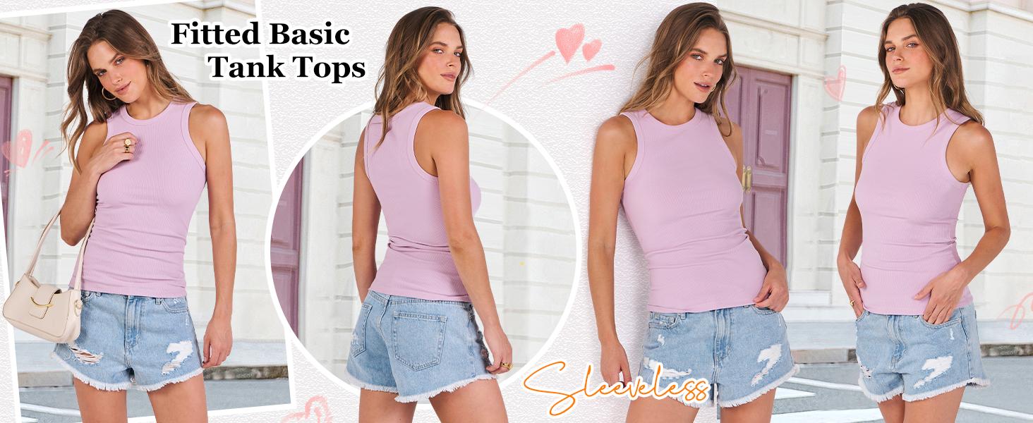 Women's Sleeveless High-Neck Tank Top Fashionable Summer Casual Basic Slim Fit Ribbed Tank Top White-M Size in Women's Clothing Store