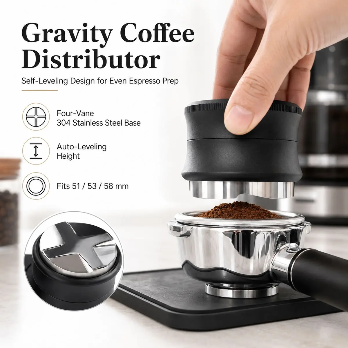 1pcs Espresso Gravity Distributor,Self-Leveling Height Coffee Distributor Tool,Coffee Leveler Tool for 51/53/58mmMachine Portafilters, four-leaf espresso coffee distributor, barista coffee station equipment, Coffee Brewing Accessories, Coffee Tools