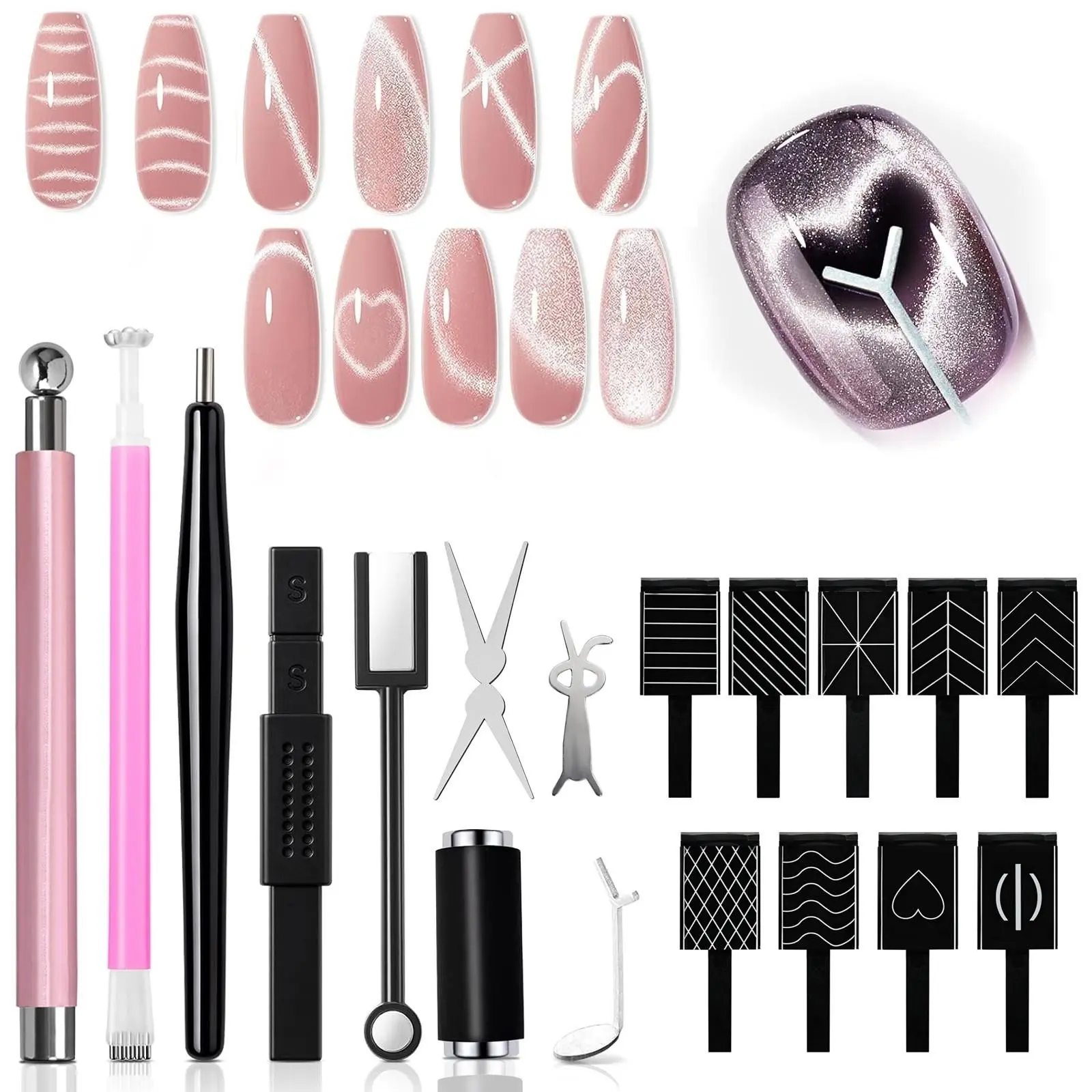 18-Piece Cat Eye Magnet Set – Black Bead-Attracting Nail Magnet Pen & Heart-Shaped Magnet for Nails, Nail Magnets for Nail Art, Cat Eye Magnet for Nail Art, Perfect for Home DIY, Nail Art Design, Nail Art Tools, Nail Art Accessories