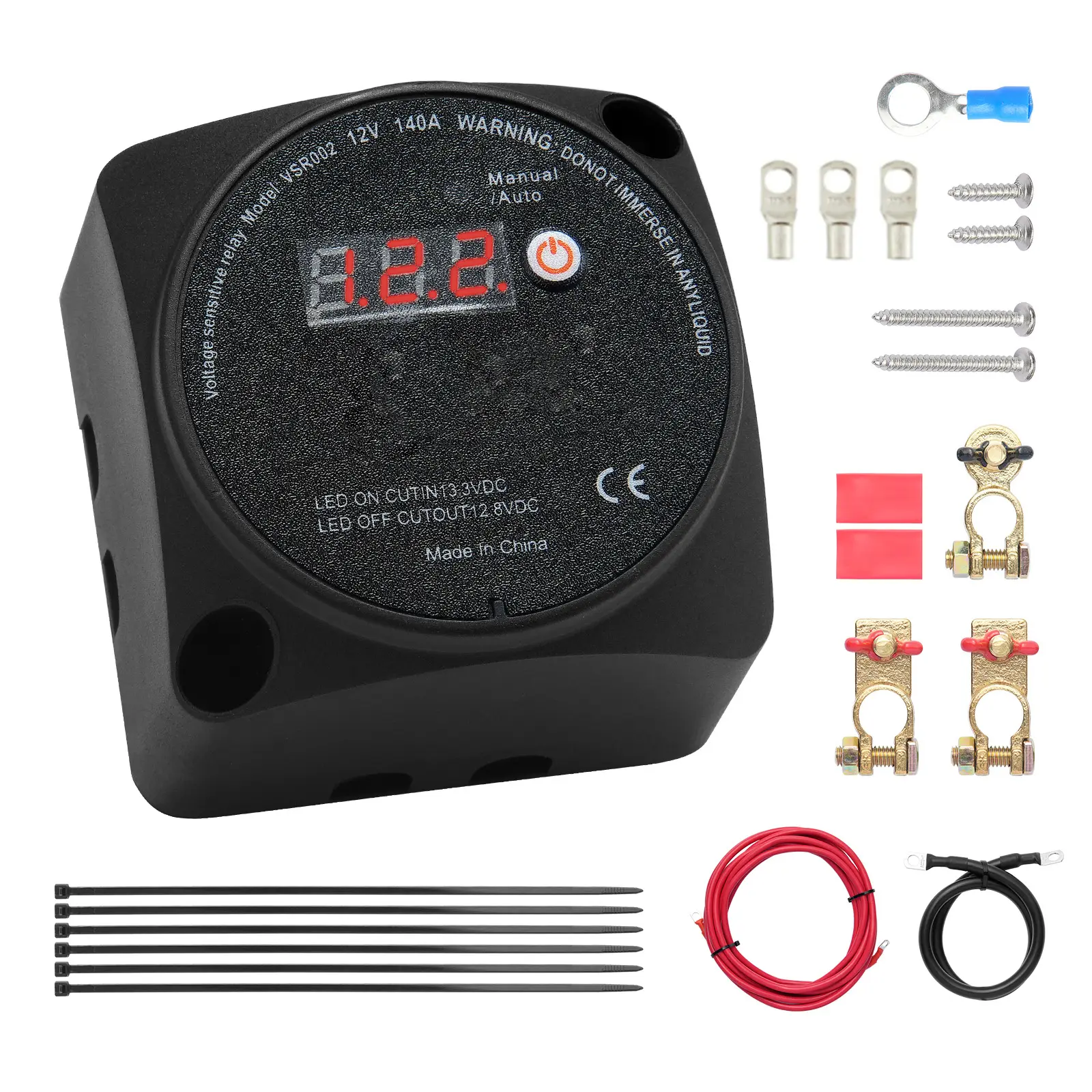 Dual Battery Isolator Kit, 12V 140Amp, Manual and Auto Modes VSR Voltage Sensitive Relay with LCD Screen, Smart Battery Isolator for ATV UTV RV Camper Off-Road Vehicle Caravan Truck Boat Yacht