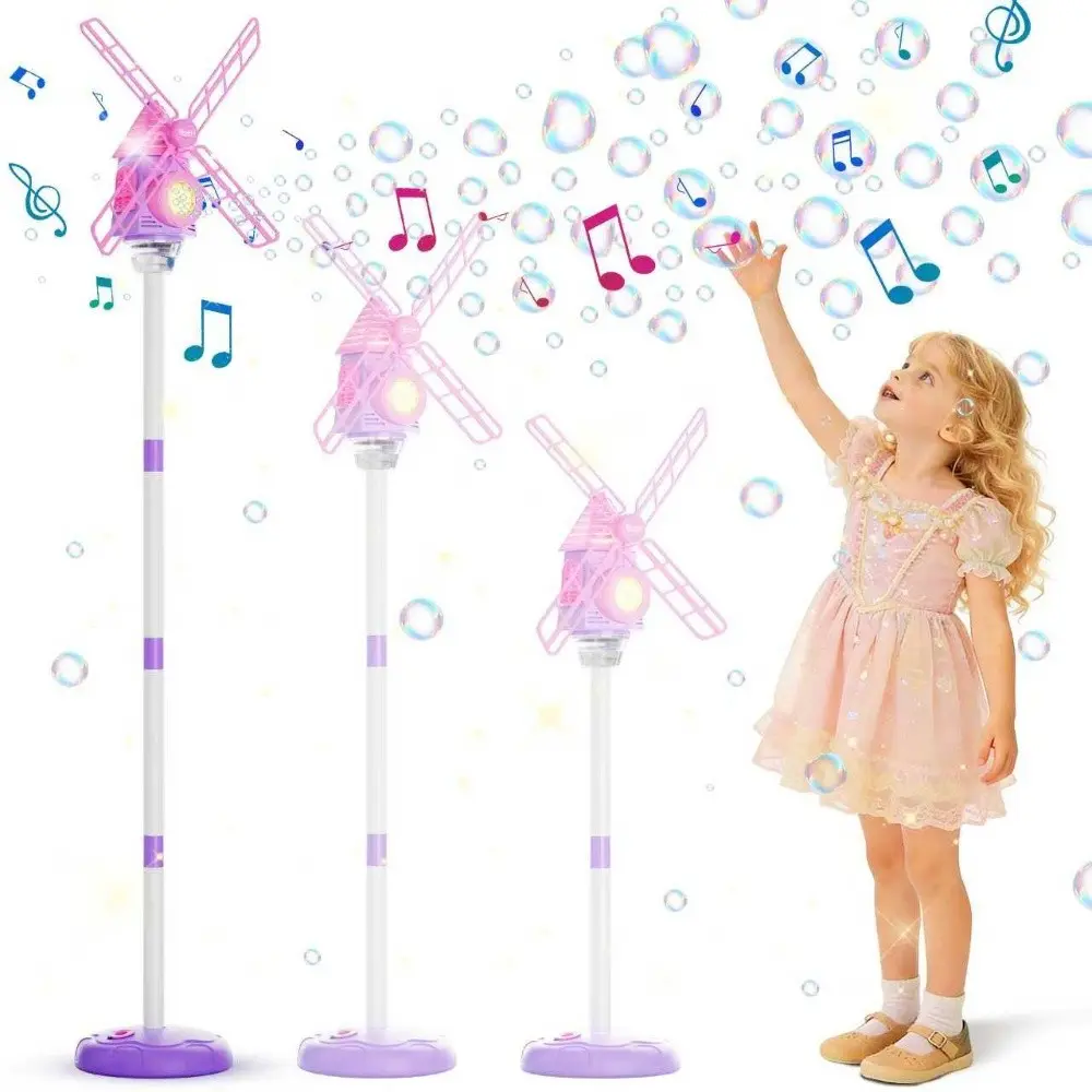 Automatic Windmill Bubble Machine, Music LED Romantic Color Lights, Adjustable Height, Includes 50ML Concentrated Bubble Liquid