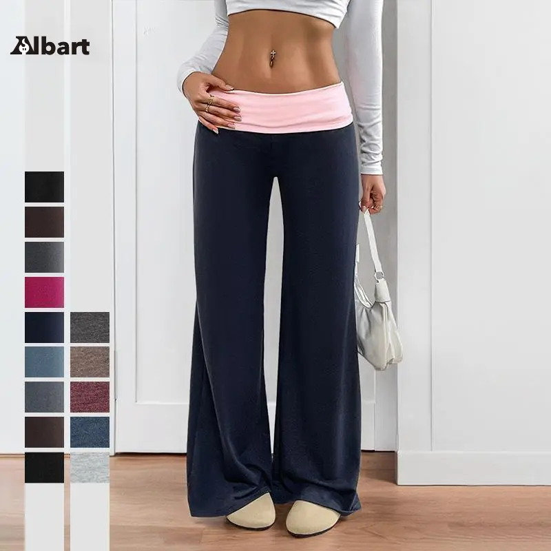 Women Multi Color Fold Over Waistband High Waist Micro Flare Knit Pants, Soft Stretch Slim Bootcut Casual Trousers, Fold Waist Design Knitted Flared Bottoms Suitable For Daily Lounge, Streetwear, Vacation Casual Outfits