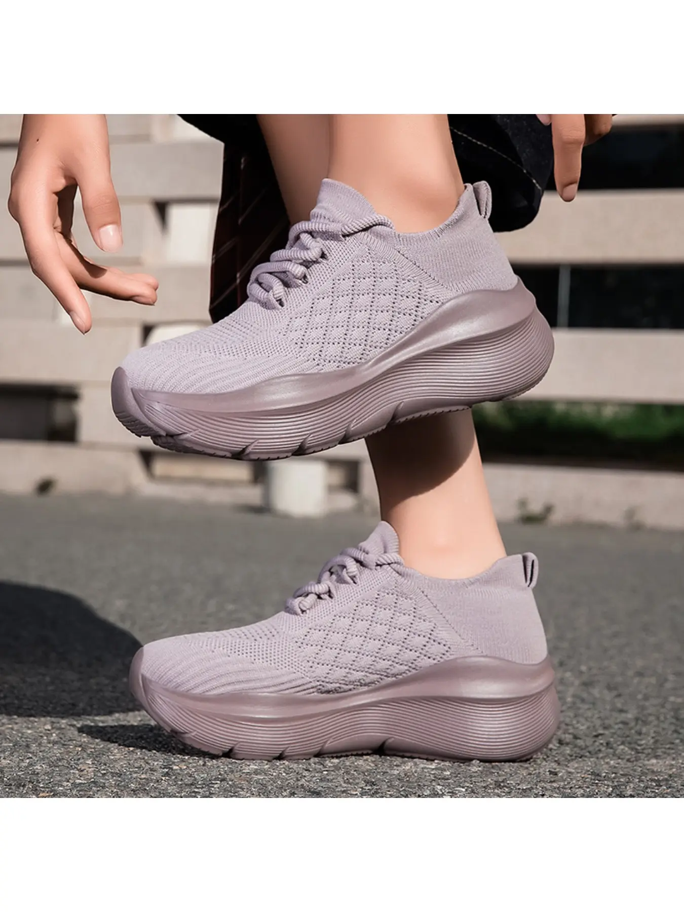 Wide Feet Friendly Light Purple Knit Sneakers, Hollow Mesh Breathable Cushion Platform Trainers Reduce Heel Pressure