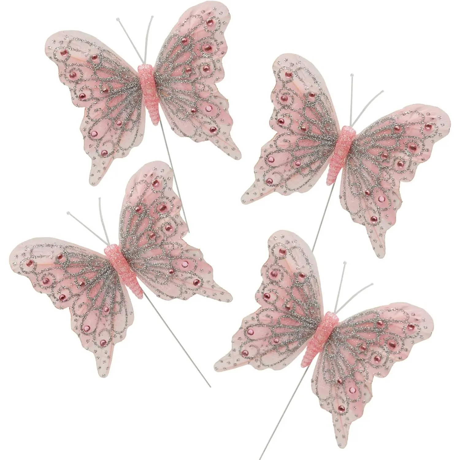 Set of 12 Glitter Monarch Feather Butterflies on Wire for Floral Arrangements and DIY Decorations (Light Pink)
