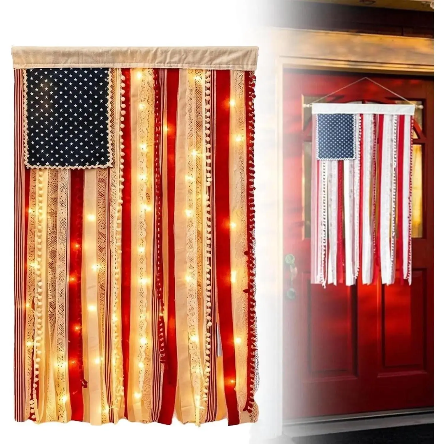 Vintage Lighted Patriotic Rag Flag with LED Lights, 4th of July Outdoor Decor Vintage Lighted Patriotic Rag Flag with LED Lights, 4th of July Outdoor Decor