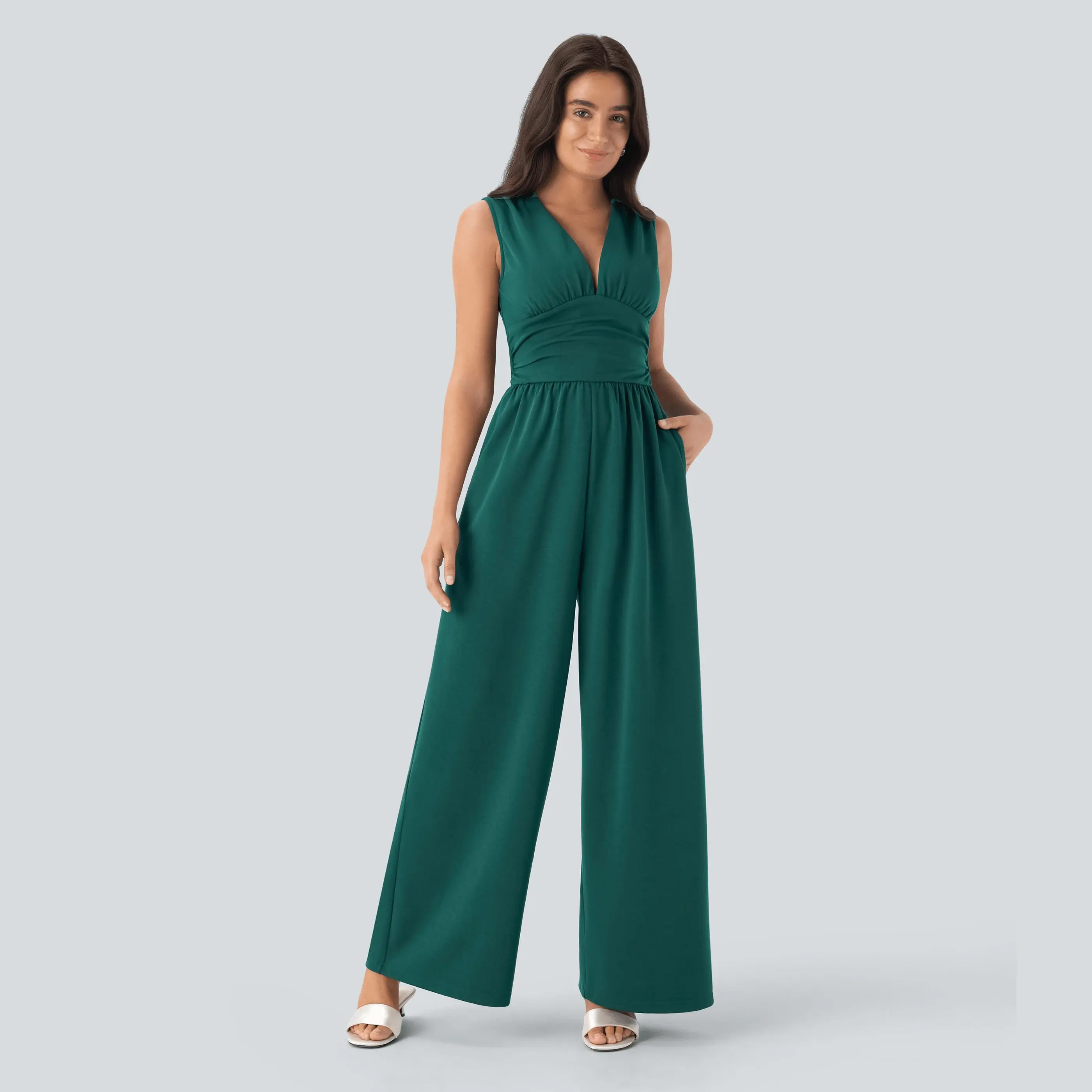 Halara V Neck Sleeveless Ruched Pocket Jumpsuit-Easy Peezy