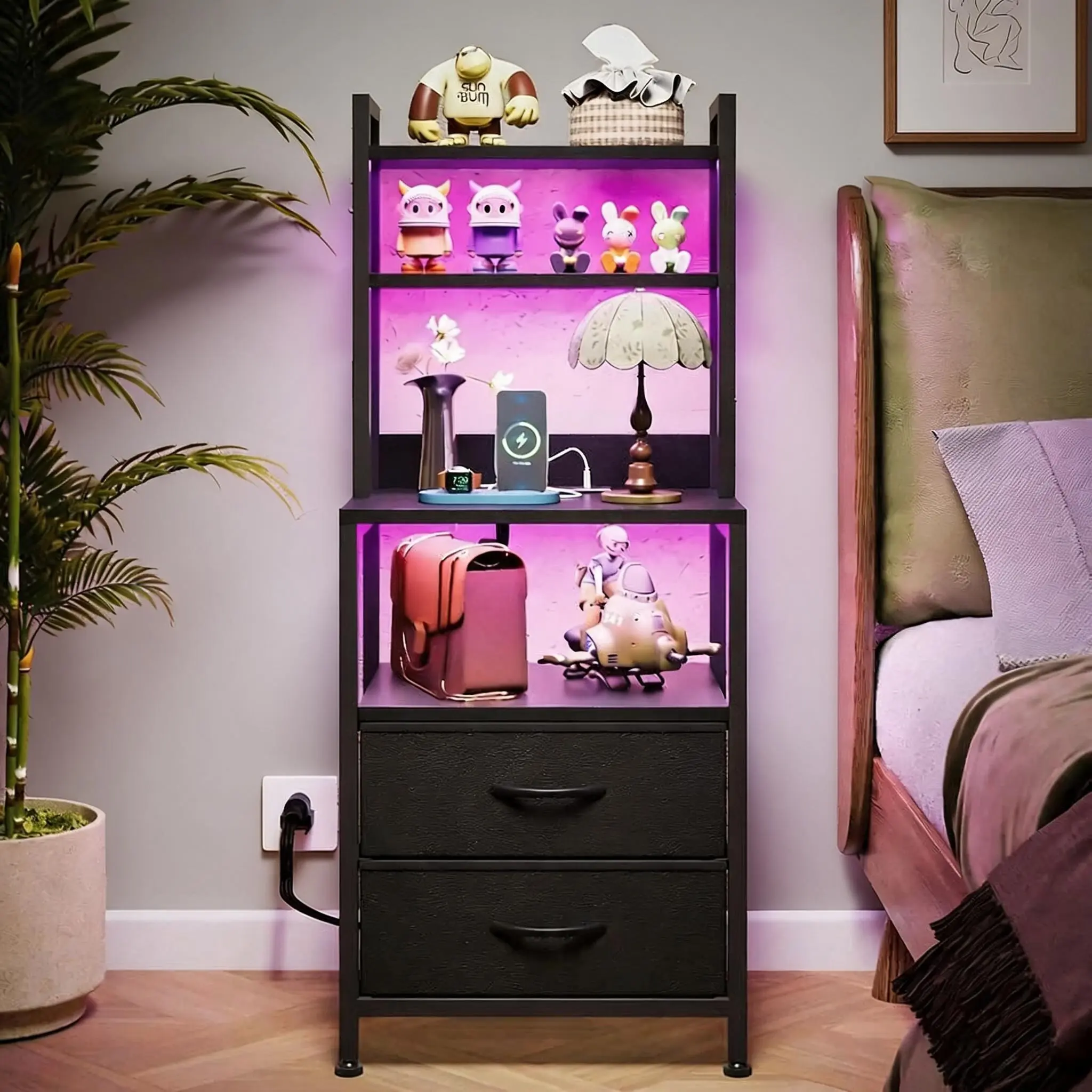 41-Inch 3-in-1 Classic MDF Board Smart Nightstand with Built-In Charging Station, USB Ports, AC Sockets, 2 PU Fabric Storage Drawers, Multi-Functional Slim Profile Bedside Table Bookshelf for Dorm, Bedroom (White, Rustic Brown, Black)