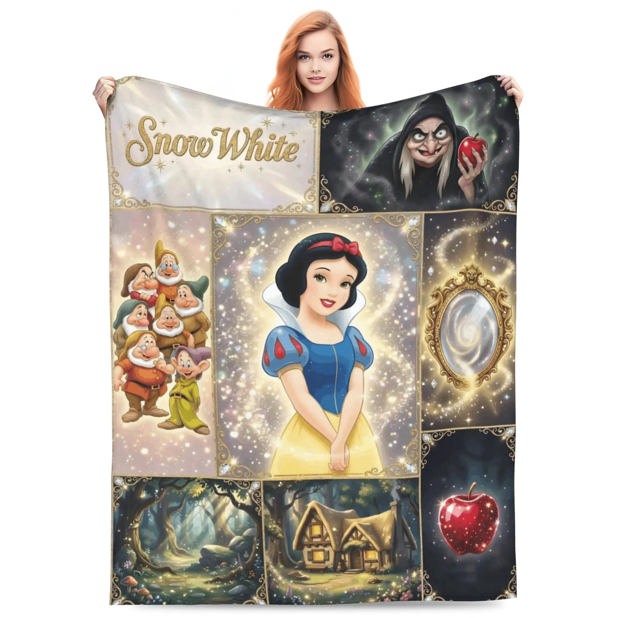 DISNEY CLASSIC Snow White Throw Blanket, Vintage Grid Panel Seven Dwarfs Evil Witch Poison Apple Forest Cottage Magic Mirror Print Flannel Fleece Blanket, Soft Lightweight Cozy Blanket for Sofa Bed Bedroom, Princess Gift for Girls Kids Women