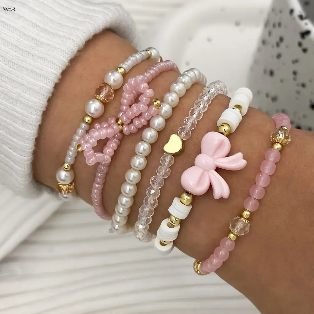 Teen Girls' Preppy 6-Pcs Stretch Stack Pink Bracelets Set - Elastic Band Costume Jewelry with Acrylic Beads, Bow Motif for Casual Daily Wear