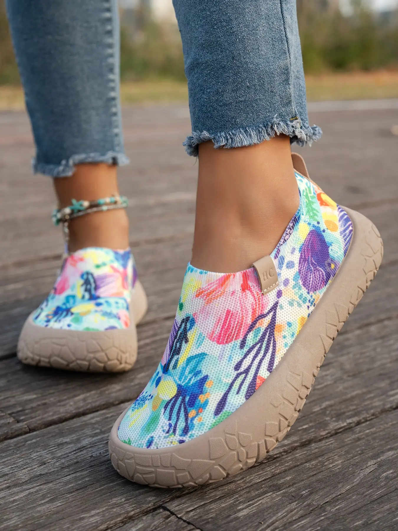 Watercolor Floral Flyknit Thick Sole Lazy Shoes, Lightweight Slip On Breathable Women's Casual Walking Shoes, Comfortable and Stylish Daily Wear Footwear