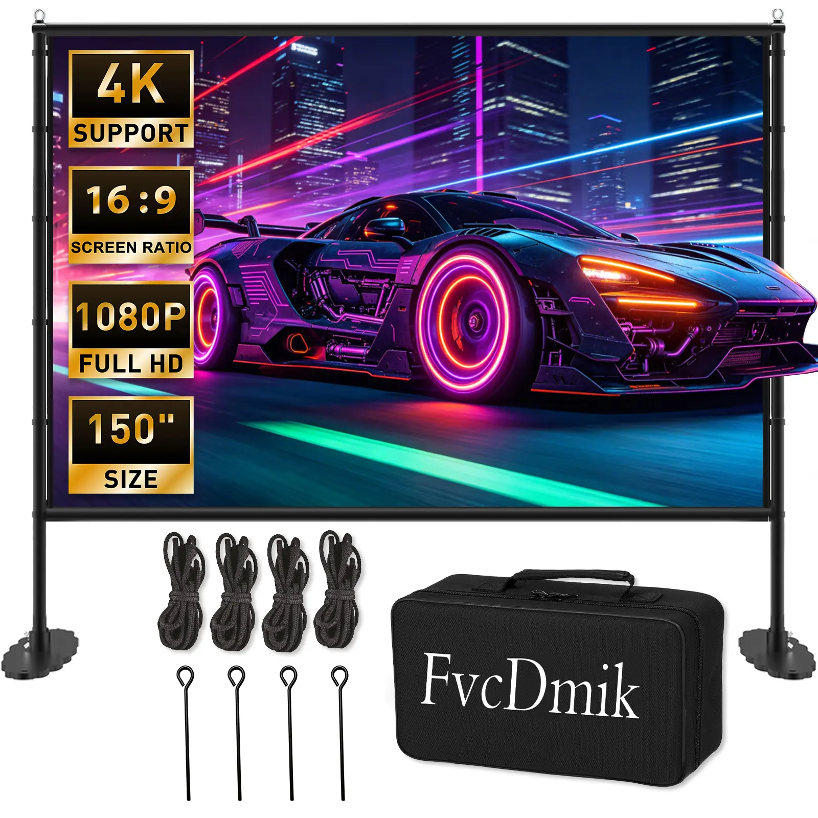 150 inch Projector Screen with Stand, USB String Lights Connection 16:9 4K HD Portable Movie Screen Indoor Outdoor,Wrinkle-Free Foldable Projection Screen for Home Theater Backyard, Office, Travel