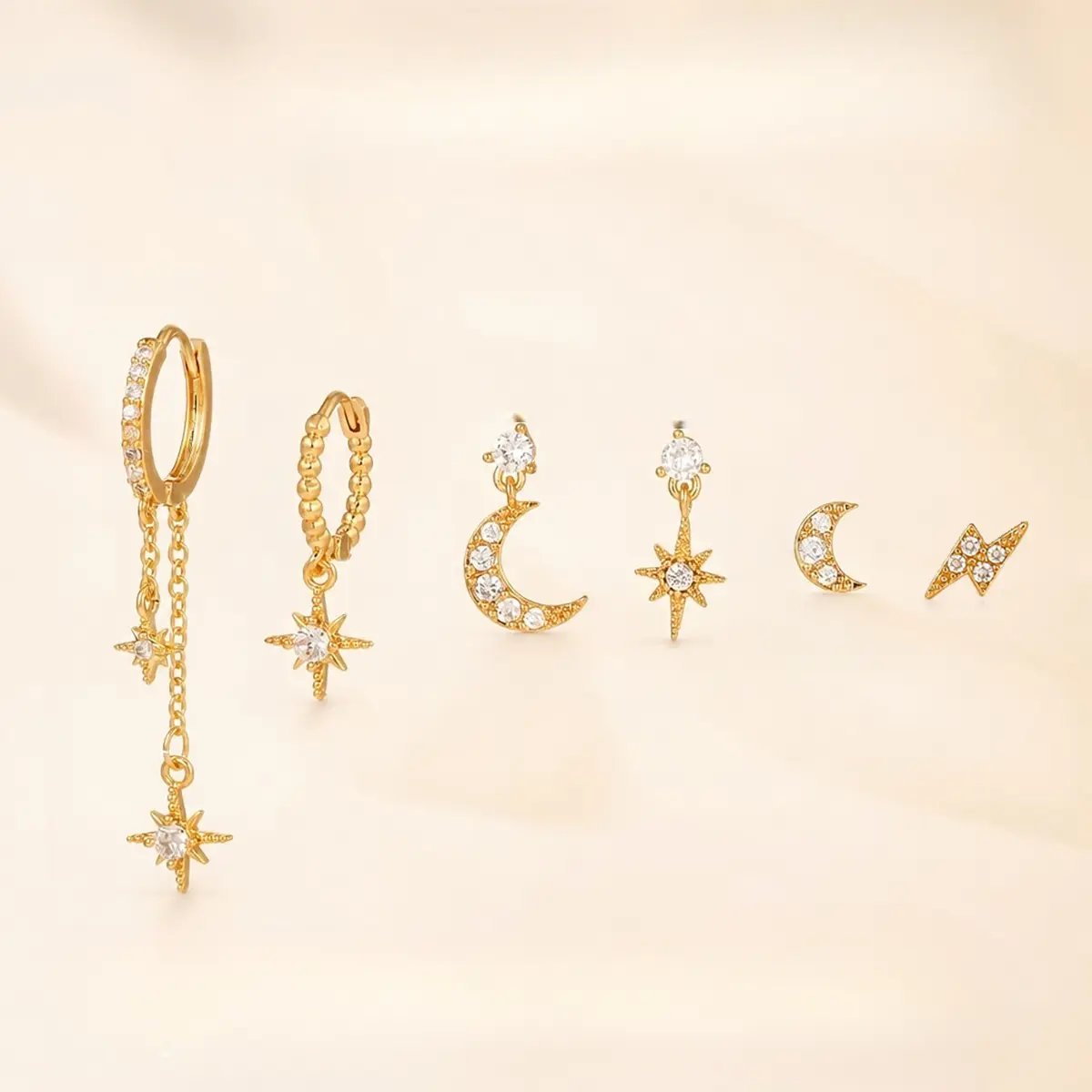 6 Pairs 14K Gold Plated Celestial Star Moon Hoop Stud Earrings Set, Hypoallergenic Copper Base Cubic Zirconia Dangle Drop Ear Jewelry, Lightweight Mix Layer Stackable Multi Piercing Accessories, Sweet Birthday Valentine Holiday Gift for Women Teen Girls S