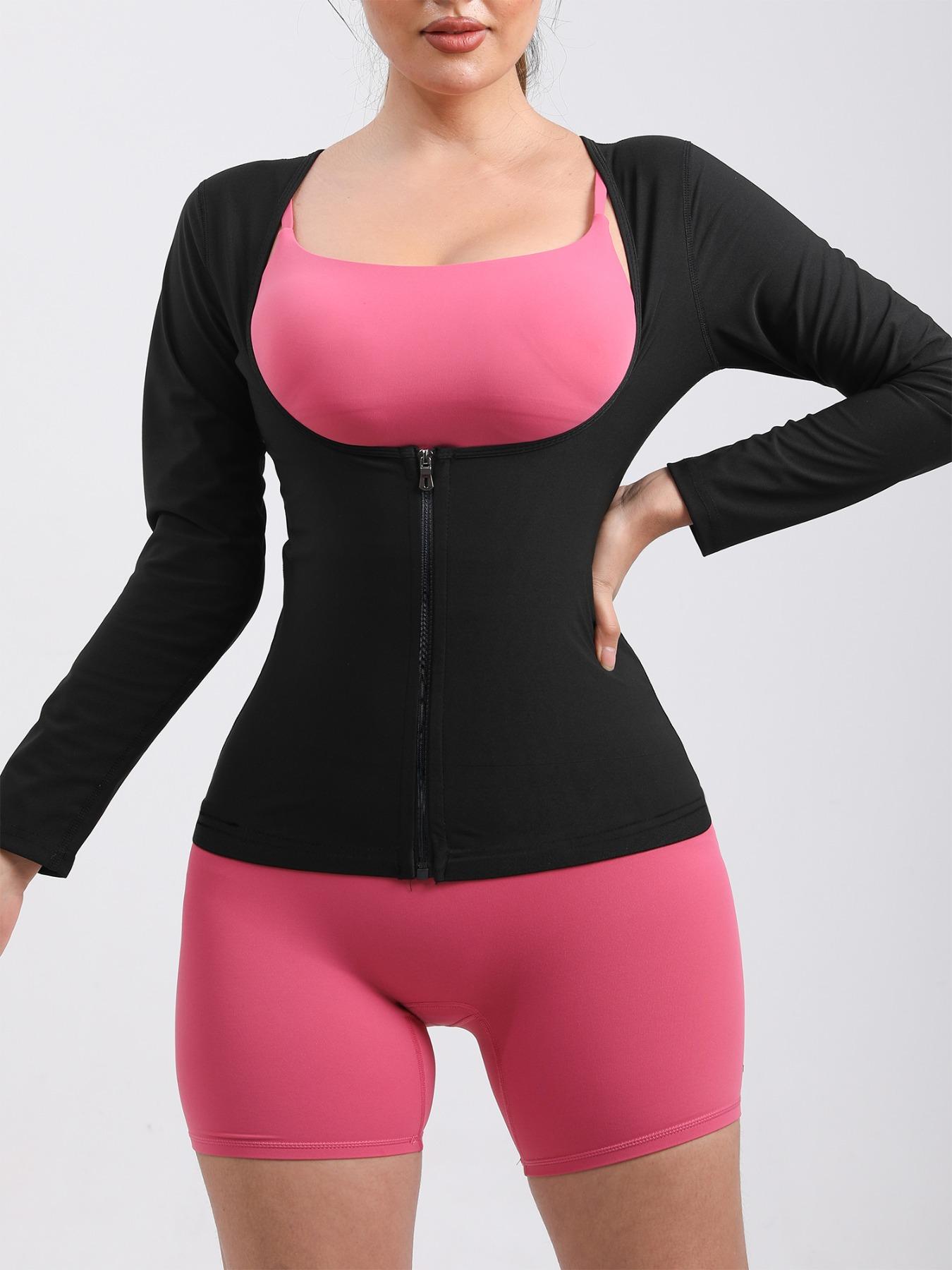 Women's Solid Long Sleeve Zip Up Sauna Top, Open Bust Tummy Control Sports Shapewear Top, Workout Gym Exercise Clothing, Women's Workout Clothes