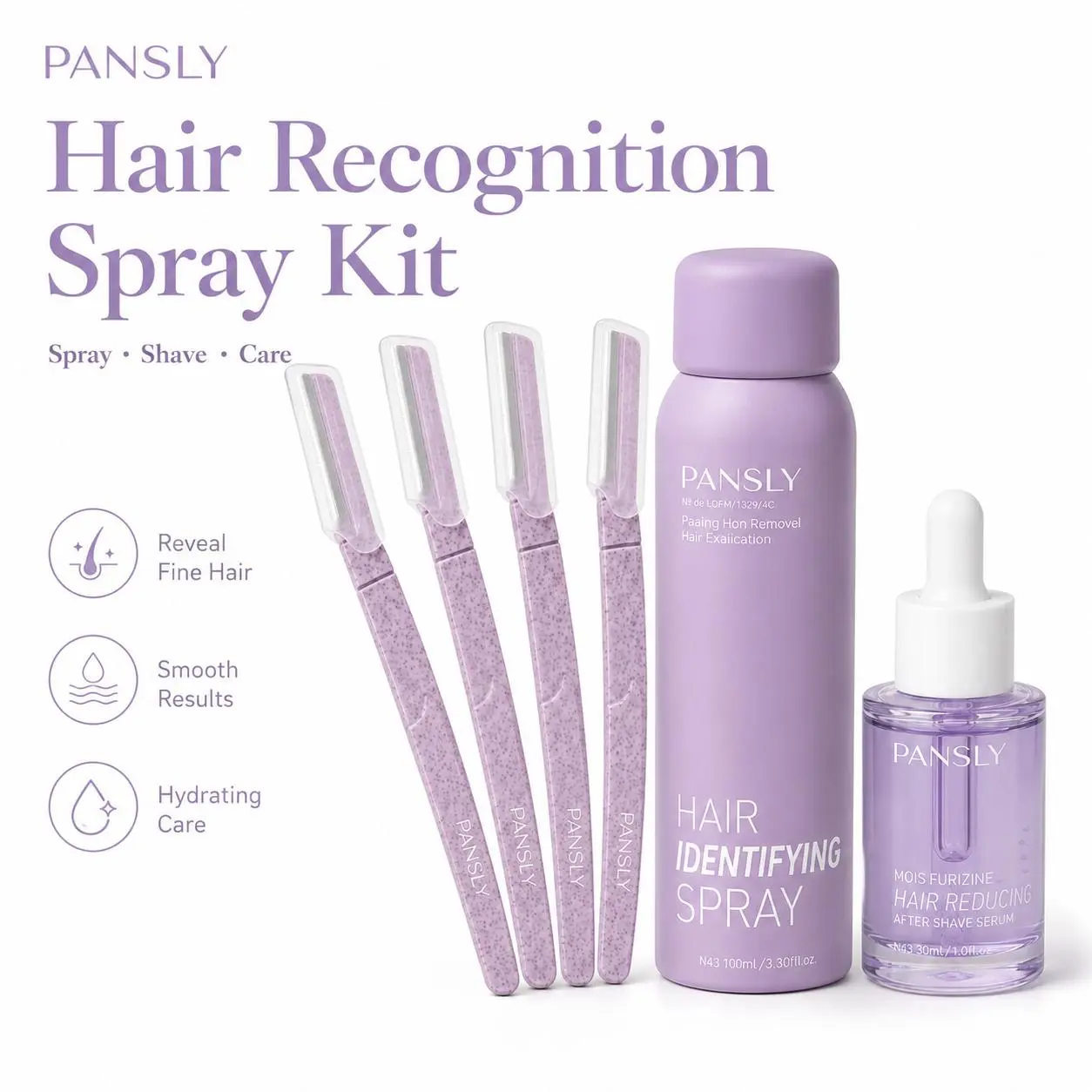 3-Step Hair Identifying Spray Kit with 4 Precision Face Razors and After-Shave Moisturizing Serum, Fine Hair Revealing, Facial Hair Removal, Exfoliating and Hydrating Skin Care Set for Women