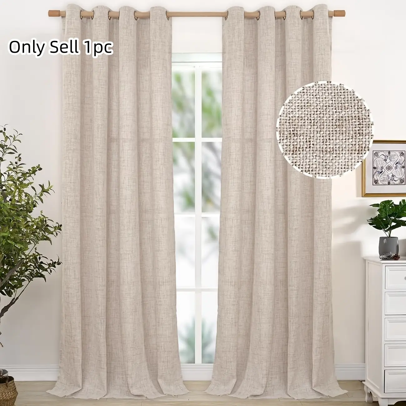 1pc Solid Color Thick Linen Curtains with Metal Rings, Rustic Semi-Transparent Drapes for Living Room and Bedroom Privacy