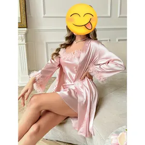 New 3D Lace Decorated Camisole Nightgown Set for Women, Long Sleeve Sleepwear and Robe Home Wear Two-Piece Gift Set in Pink