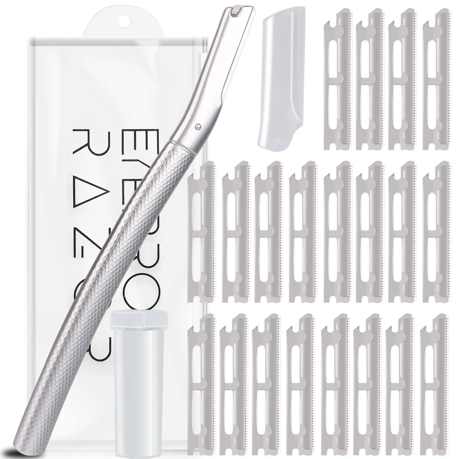 Stainless Steel Brow Trimmer, Eyebrow Grooming Tool, Facial Shaving Knife, Includes 20 Replacement Blades, Durable and Precise