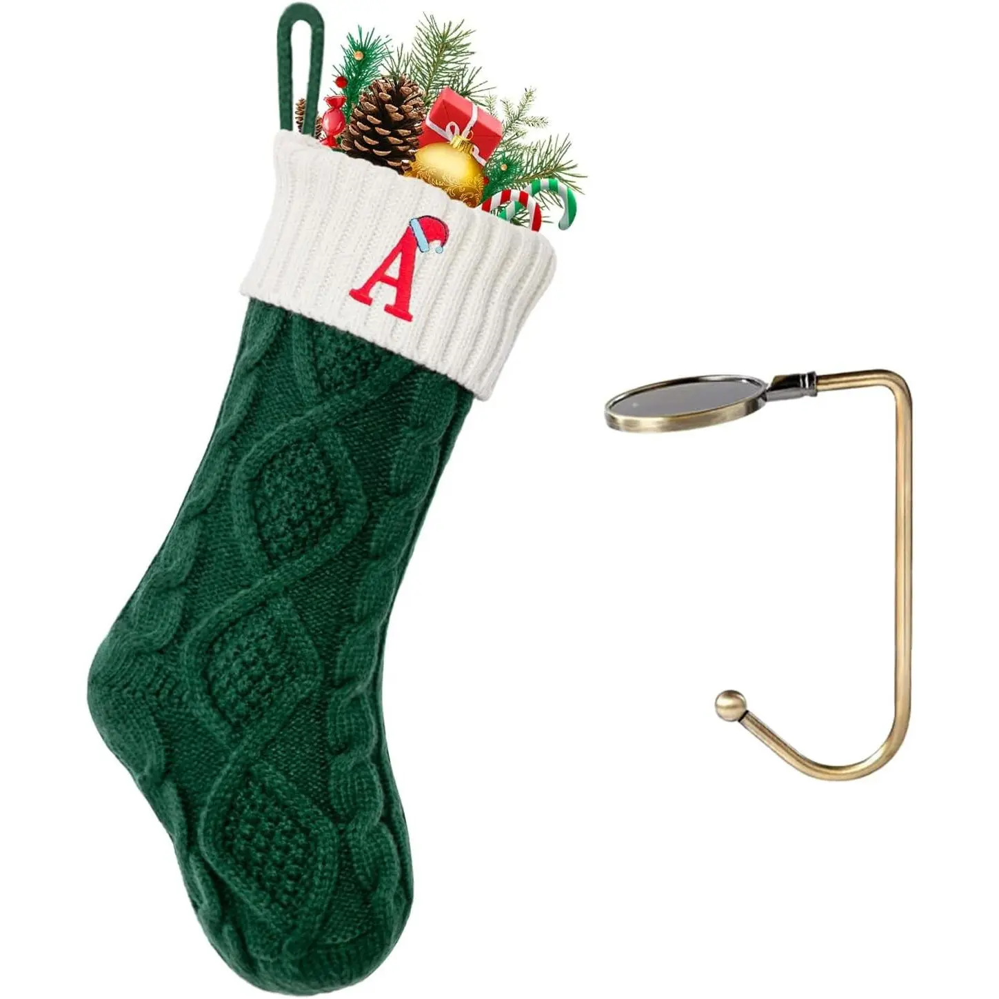 18 Large Green-White Knitted Christmas Stocking with Embroidered Initial Letter A Monogram for Xmas Party Fireplace Family Hanging Decoration 1Pc