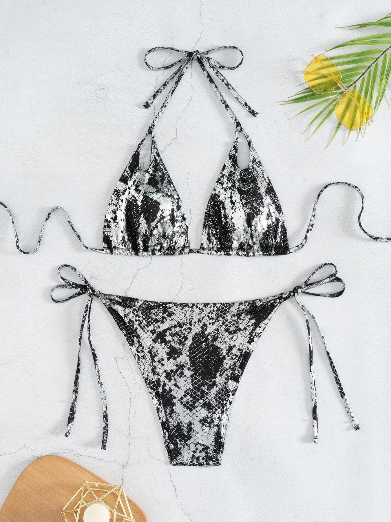 Two-Piece Set Women's Snakeskin Print Glossy String Bikini Set, Sporty Halter Neck Tie Back Triangle Swim Bra & Tie Side High Cut Swim Panty, Two-piece Swimsuit for Beach Holiday Vacation Tie Back Bikinis