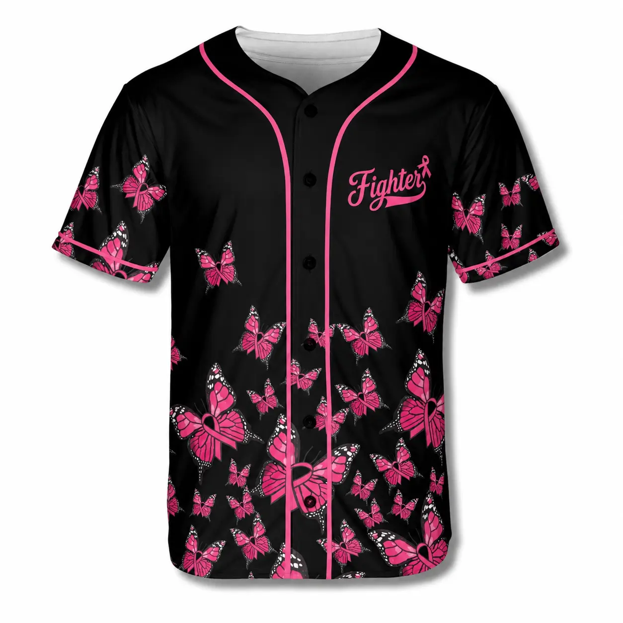 Breast Cancer Awareness Baseball Jersey, Faith Hope Love Pink Ribbon Butterfly Button Up Shirt, Gift for Her
