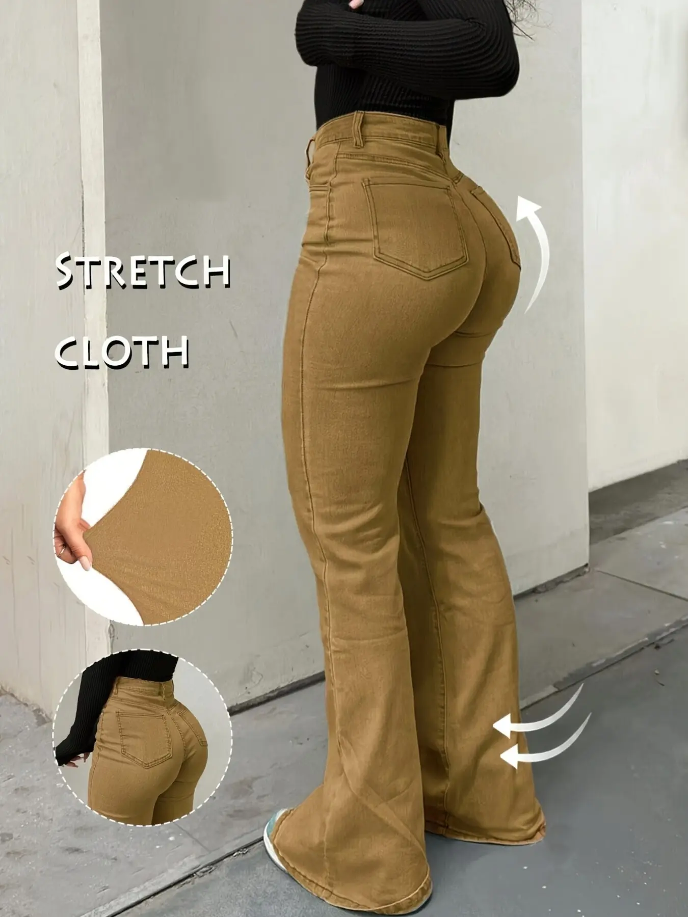 Women's High Waist Stretch Tight Fit Flare Pants Bottoms, Elegant Fitted Casual Long Trousers, All Seasons Plain Style, Comfortable, Stylish and Chic, Aesthetic