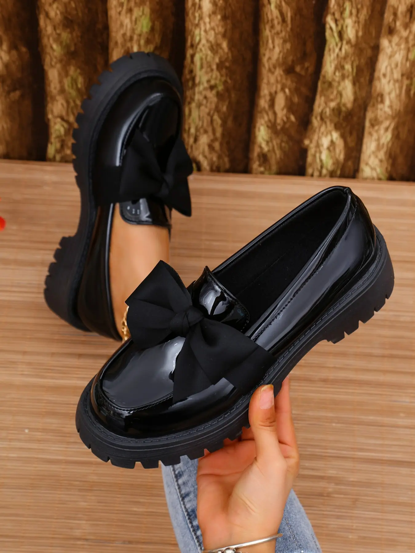 Women's Vintage Bow Heeled Loafers, Round Toe Slip-On Shoes, Elegant Plain Design, Spring & Fall Wear, Comfortable Rubber Sole