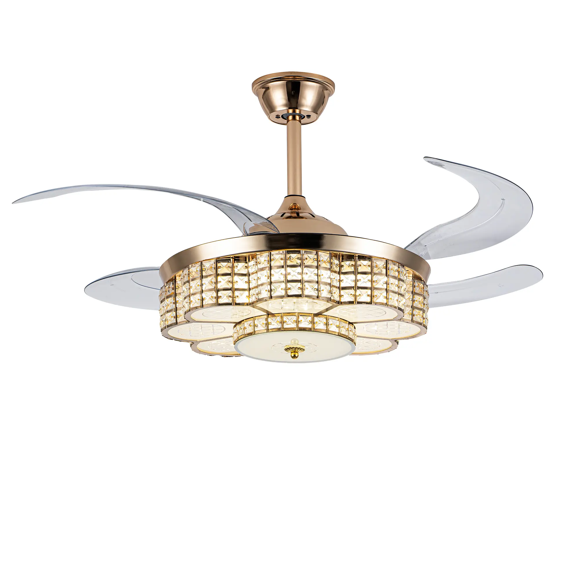 ARCH 48-Inch Gold Metal Contemporary Indoor Ceiling Fan with Retractable Blades, Lamp, Quiet Reversible DC Motor, 6 Speeds, Remote Control, Timer, Dual Mount, 2 Down Rods for Living Room, Bedroom, Indoor Use