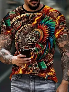 Aztec Calendar Skull Men's T-Shirt, Mayan Feather Chief Retro Ethnic Short Sleeve Top, Casual Fitted Graphic Streetwear Tee, Menswear, Plain Surface, Unlined