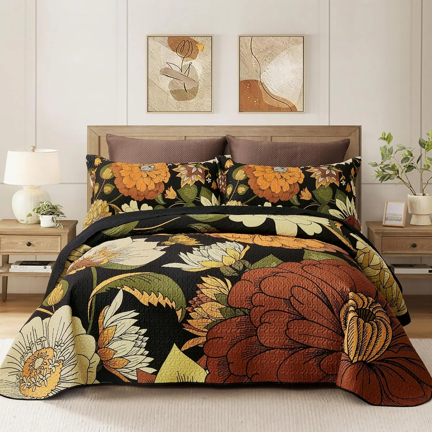 Bohemian Black Floral 3-Piece King-Size Bedding Set - Reversible Mid-Century Microfiber Bedspread Coverlet, 2 Shams (Set Includes), Lightweight All-Season Textile for Room Decor (106in x 96in)