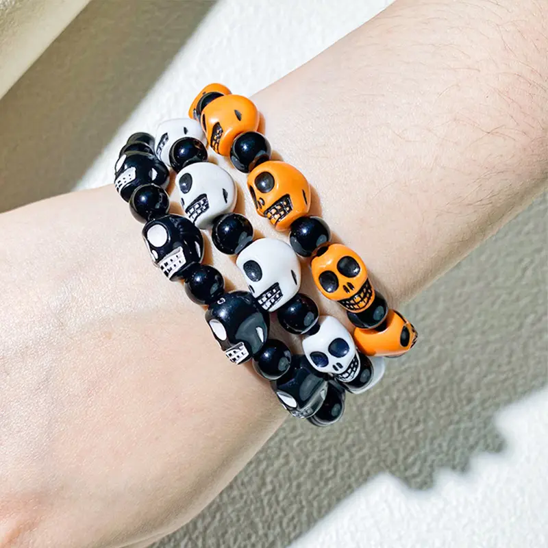 Unisex 3PC Gothic Black White Skull Motif Beaded Charm Stack Bracelet - Punk Vintage Halloween Hip Hop Elastic Strand Sports Wristband for Rock Music Festival Gift, Unisex Wear, Halloween Gifts, Rock Music Vibe, 3Pcs, Skull Design