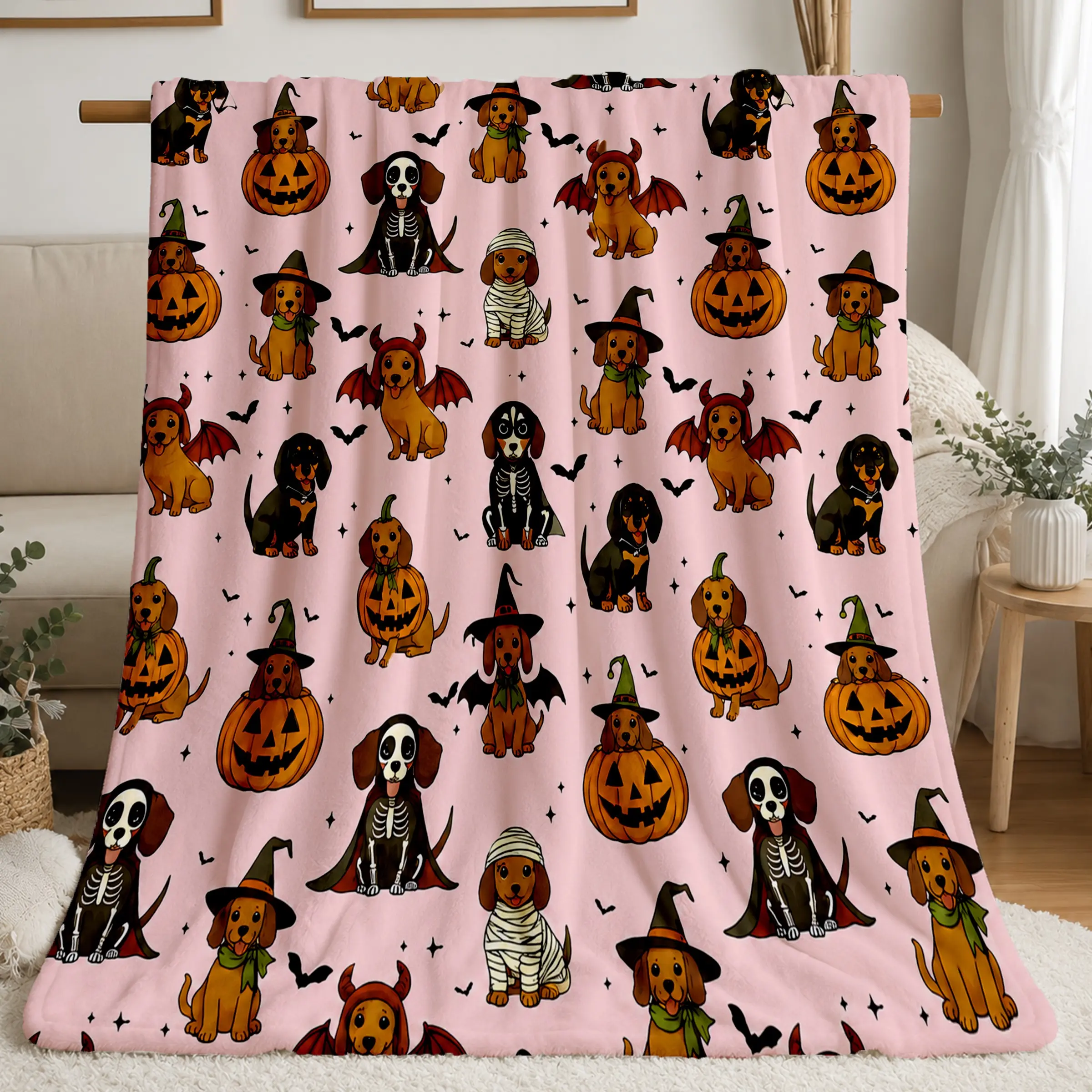 Halloween Weiner Dog Sweet Cool Ultra-Soft Flannel Blanket, Base with Puppy Pumpkin Bat Print, Home Decor, Pet Halloween Lover Gift