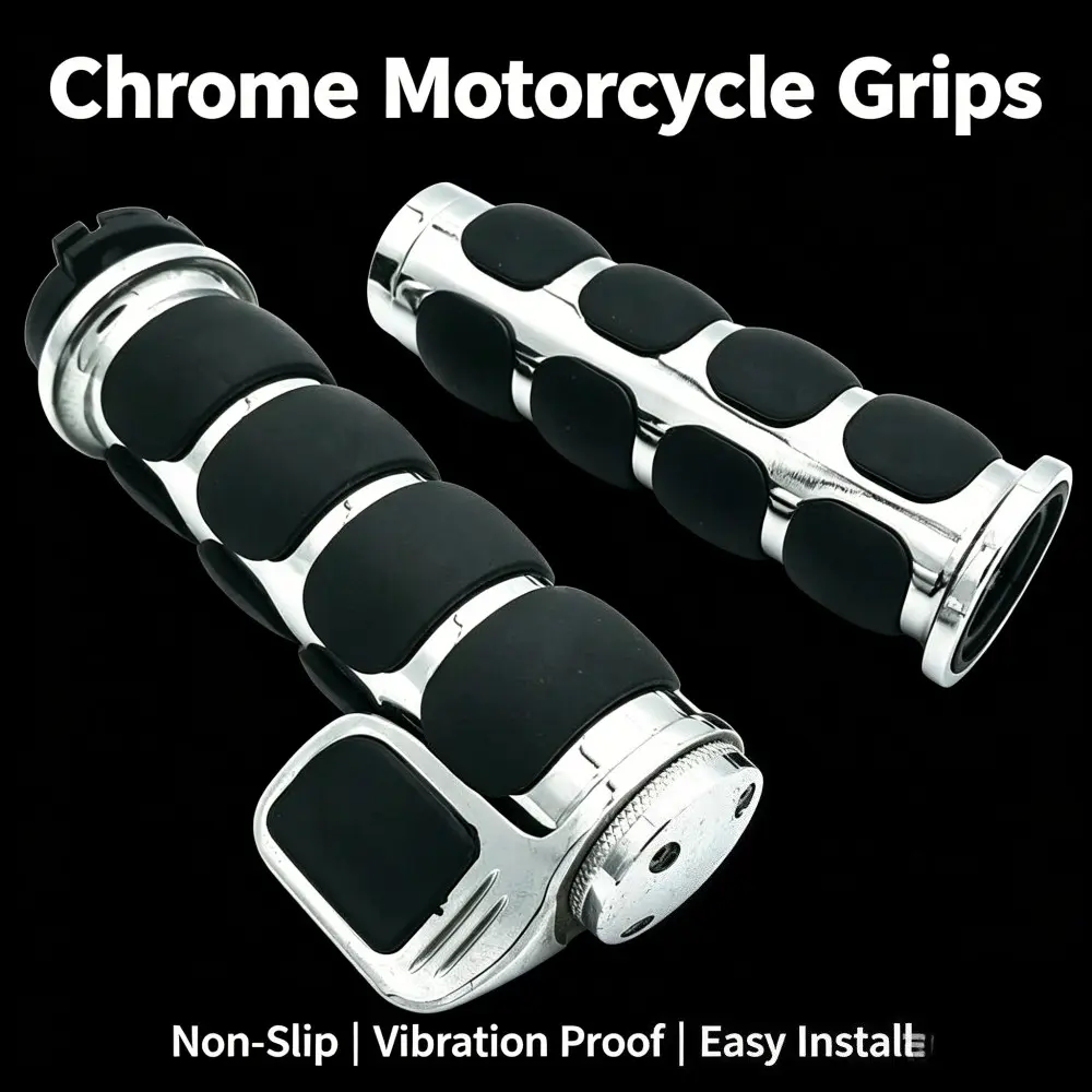Chrome Motorcycle Handlebar Grips with Cruise Assist, Anti-Slip, Vibration Dampening, Ideal for Harley Cruisers, Comfortable Riding Experience, Motorcycle Parts