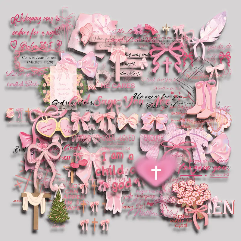 50PCS Pink Bow Bible Aesthetic Vinyl Stickers Pack for Laptop Water Bottle Phone Case Skateboard Journal Scrapbook DIY Decoration