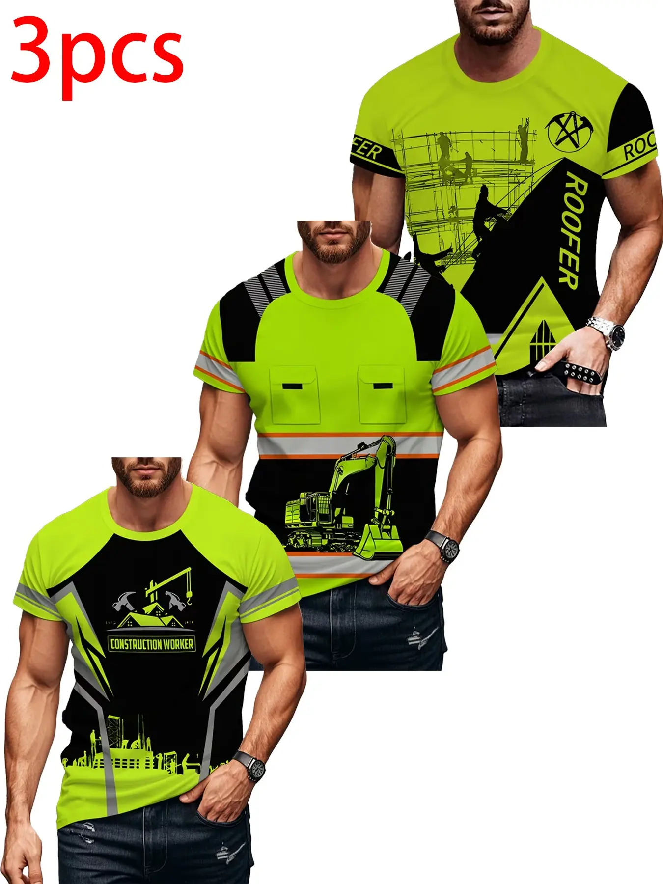 Three-Piece High-Visibility Workwear Printed T-Shirts, Roof Worker Excavator Daily Fashion Short Sleeves, Casual Long-Sleeve Top
