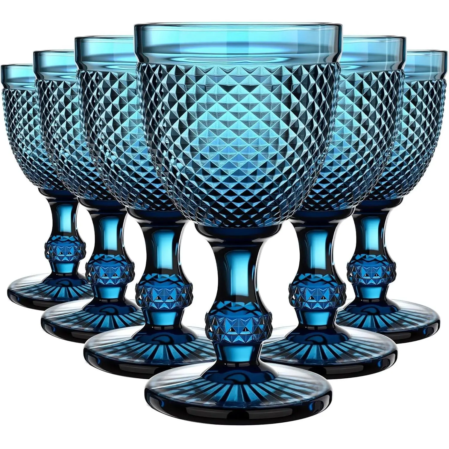 6 Pack Blue Glass Goblets Set 10 oz High Clear Wine Glass Vintage Water Goblets Cups Embossed Diamond Design Glassware with Stem for Drinking Juice Liquor Party Wedding Bar