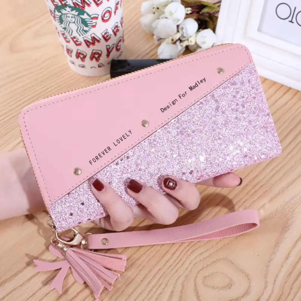 Women's Glitter Color Block Wallet, Faux Leather Long Clutch Purse with Zip-Around Closure, Minimalist Large Capacity Card Holder, Foldable, Glitter Print, Wallets For Women, Business, Multi-Function, Clutch Bag, Fashionable Embellished Clutch